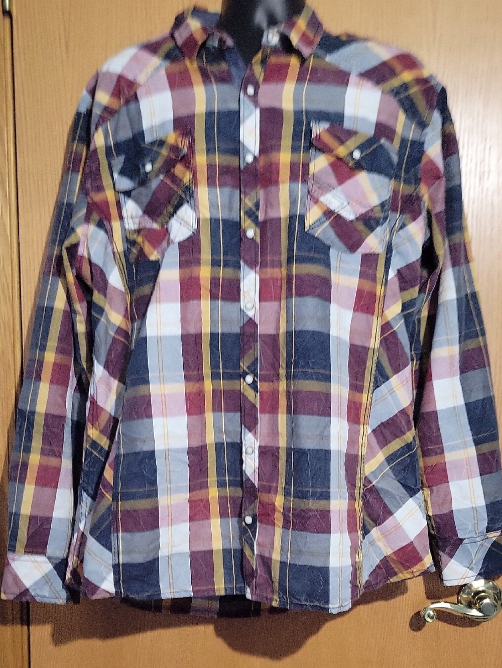 BKE Men's Plaid Button-Down Shirt in Burgundy, Navy & Yellow